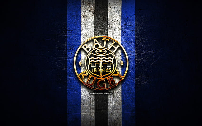 Bath Rugby, goldenes Logo, Premiership Rugby, blauer Metallhintergrund, englischer Rugby-Club, Bath Rugby-Logo, Rugby HD-Hintergrundbild