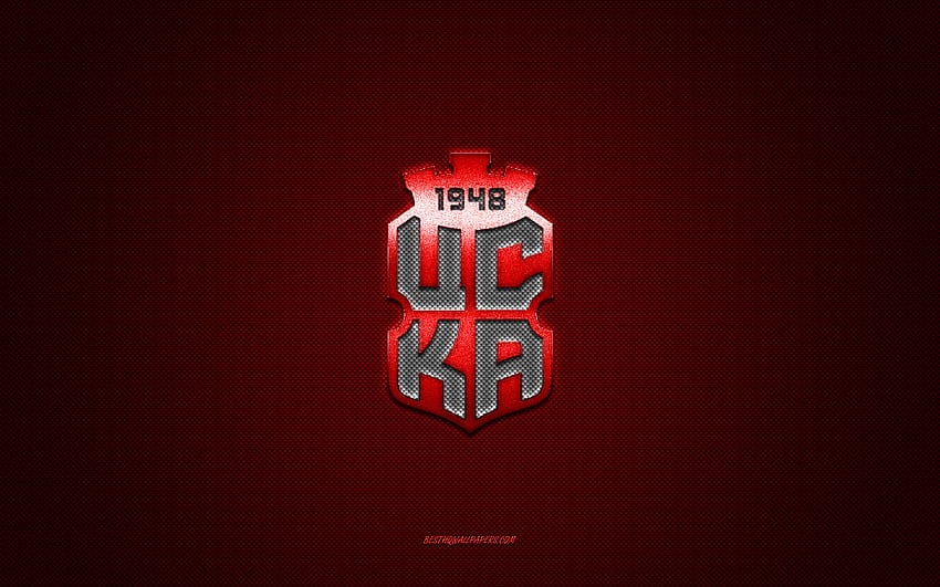 FC CSKA 1948 ソフィア、ブルガリアのサッカー クラブ、白のロゴ、赤い炭素繊維の背景、ブルガリアのファースト リーグ、パルヴァ リーガ、サッカー、ソフィア、ブルガリア、FC CSKA 1948 ソフィアのロゴ 高画質の壁紙