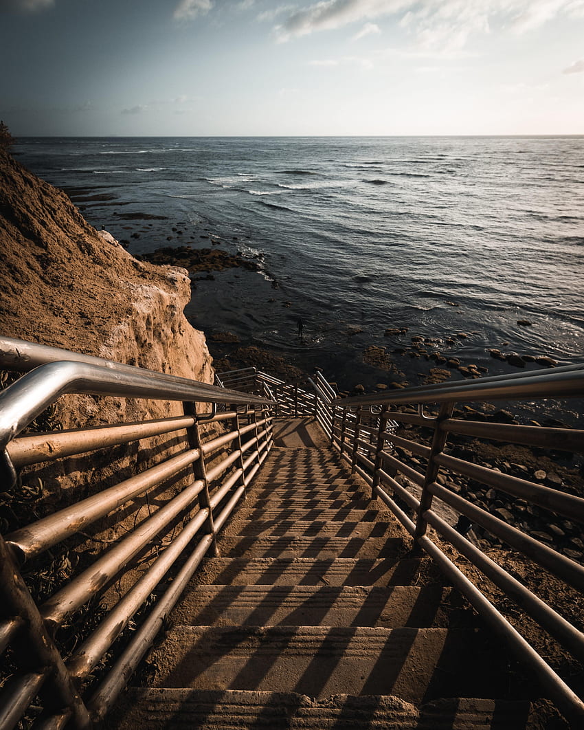 Nature, Sea, Rock, Ladder, Stairs, Descent HD phone wallpaper