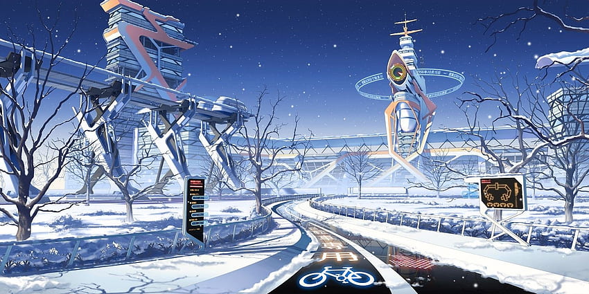 Зимен аниме град, Японска зима HD тапет