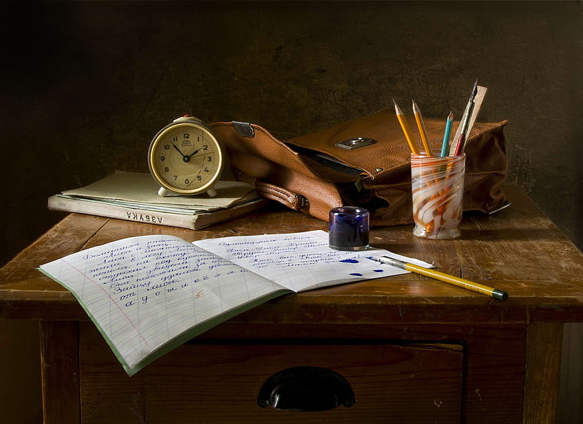 Bolsa, livro, clássico, relógio, escrivaninha, gaveta, tinta, página, papel, lápis, Retro, mesa, vintage, de madeira, escrevendo papel de parede HD