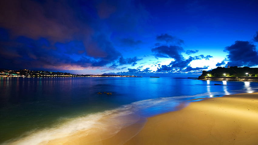 s attrayant plage bleu nuit mer ville lumières superbe qualité fond Fond d'écran HD