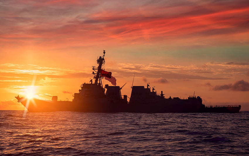 USS Paul Ignatius, DDG-117, US Navy, amerykański niszczyciel, morze, wieczór, zachód słońca, niszczyciel typu Arleigh Burke, United States Navy Tapeta HD