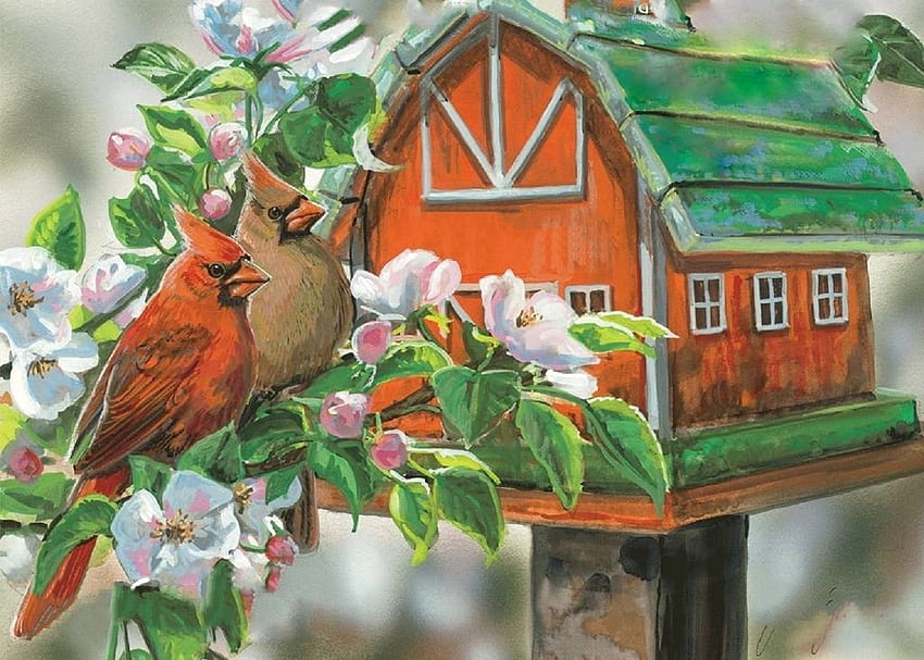 羽の鳥、最愛のバレンタイン、鳥、絵画、春、巣箱、夏、四季を愛する、動物、自然、花 高画質の壁紙