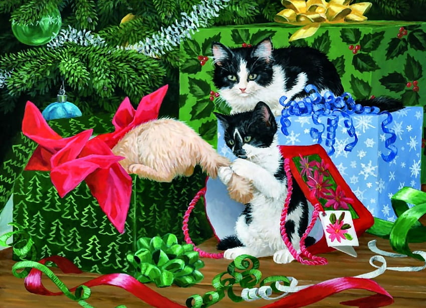 Pesta Natal F, Desember, seni, kucing, kucing, cantik, ilustrasi, karya seni, pemandangan, kesempatan, layar lebar, liburan, lukisan, Natal, hewan peliharaan Wallpaper HD
