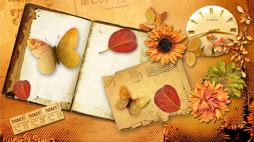 Autumn Book, fall, collage, leavaes, butterflies, book, time, post card, autumn, flowers, clock, vintage, tickets HD wallpaper