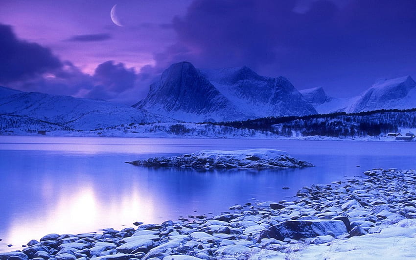 hiver, bleu, nuages, ciel, montagnes, lac Fond d'écran HD