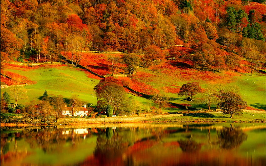 jesień, rzeka, kolory, domy, spokój, spokój, pora roku, odbicie, drzewa, jesień, lustro, wzgórza, nachylenie, upadek, piękny, jezioro, góra, widok, kabiny, natura, spokój, liście Tapeta HD