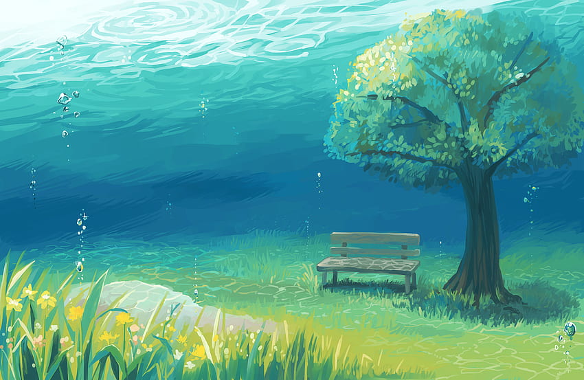 Anime Landscape Underwater Tree Grass Anime. Anime Scenery HD wallpaper