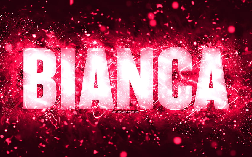 Happy Birtay Bianca, , lampu neon merah muda, nama Bianca, kreatif, Bianca Happy Birtay, Bianca Birtay, nama wanita Amerika populer, dengan nama Bianca, Bianca Wallpaper HD