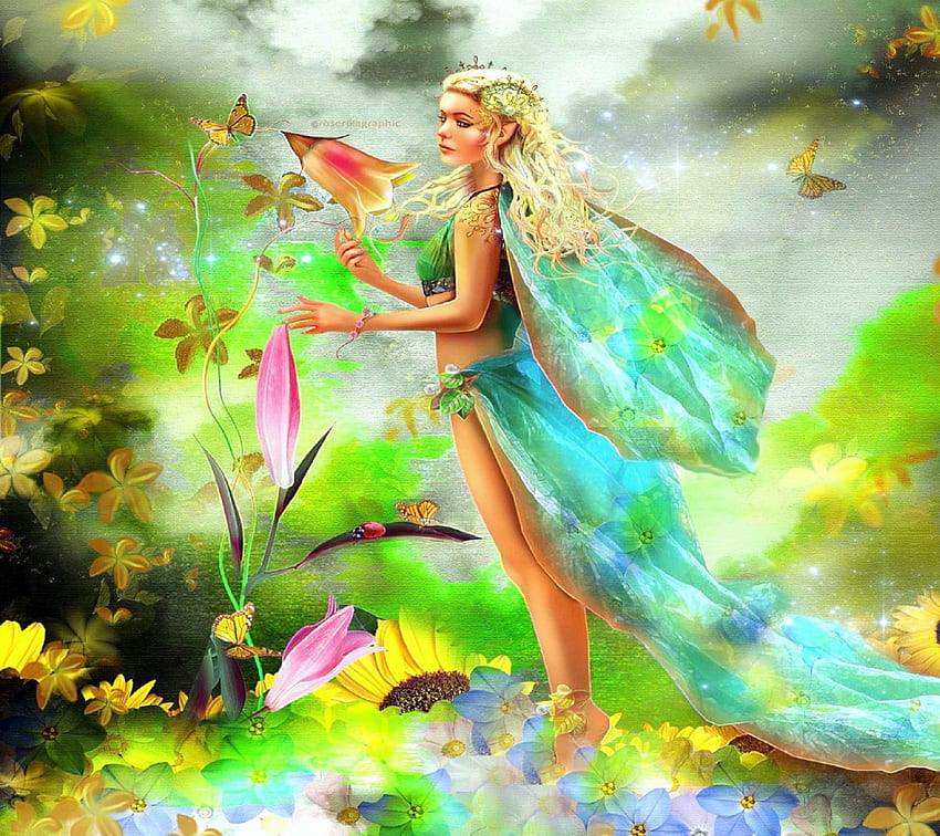 ~Fairy in Spring~, blue, colors, digital art, spring, butterflies, lady, animals, butterfly designs, models female, weird things people wear, beautiful, gardening, lovely flowers, seasons, backgrounds, creative pre-made, woman, love four seasons, fantasy, manipulation, cool, softness beauty, lovely HD wallpaper