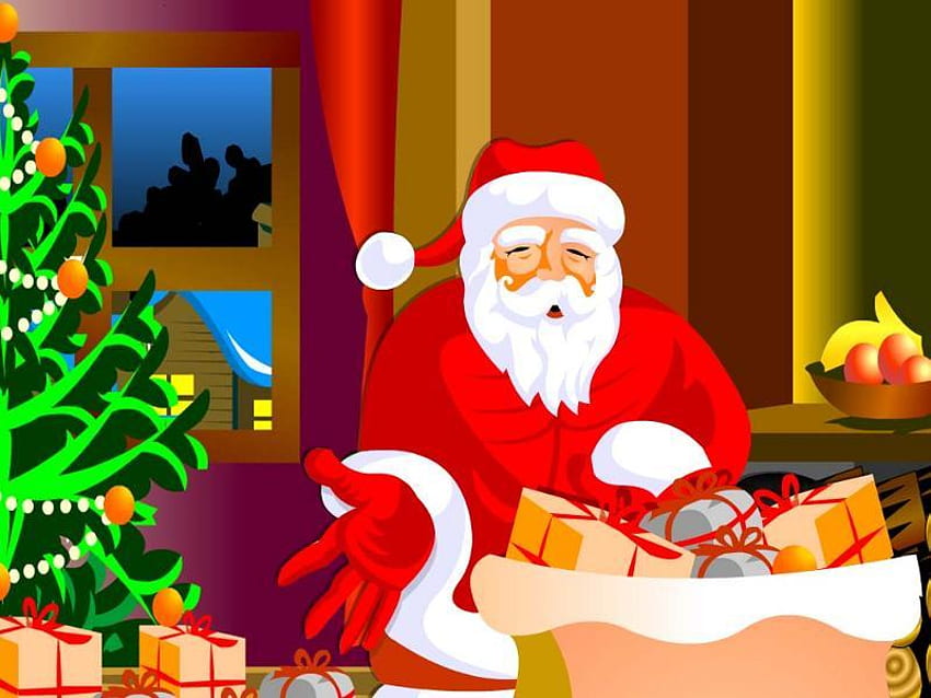 Santa 1, unpacking, toys, bag, santa, tree HD wallpaper