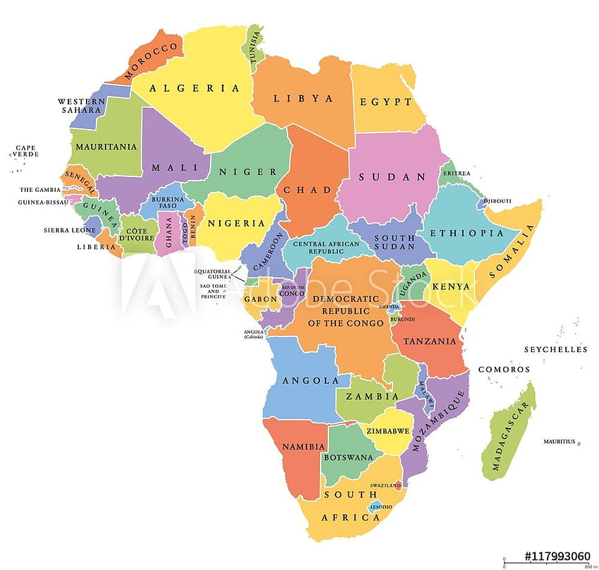 Mapa político de estados únicos da África. Cada país com sua própria área de cor. Com fronteiras nacionais em fundo branco. Continente incluindo Madagascar e nações insulares. Rotulagem em inglês, mapa africano papel de parede HD