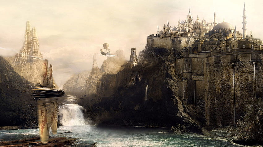 Flüsse, Fantasy, Berge, Stadt, Wasserfall, Mauer, Flug, Gebäude HD-Hintergrundbild
