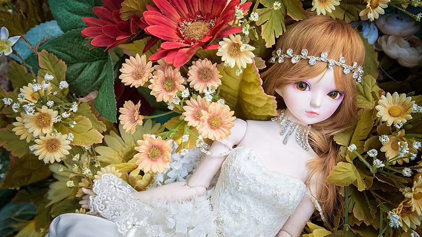 Redhead Doll With White Dress Leaning Back On Colorful Flowers Cute HD wallpaper