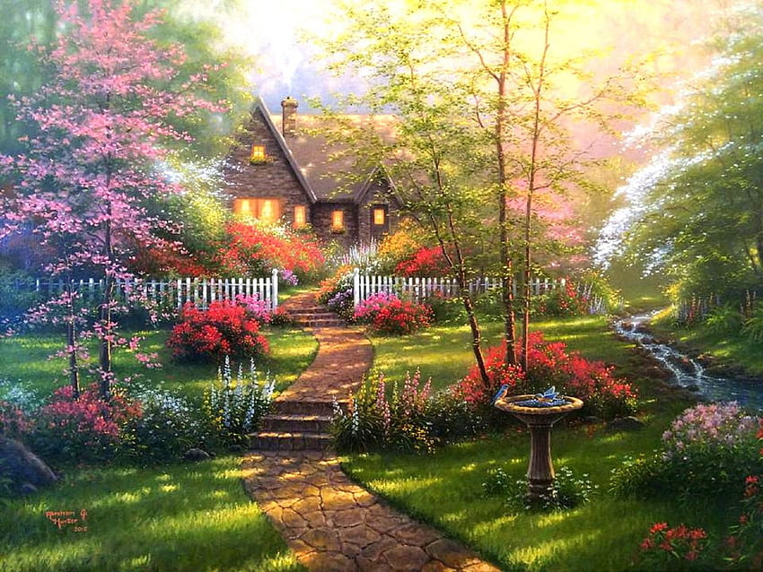 ハナミズキのコテージ, 美しい, 家, 春, 木, 絵画 高画質の壁紙