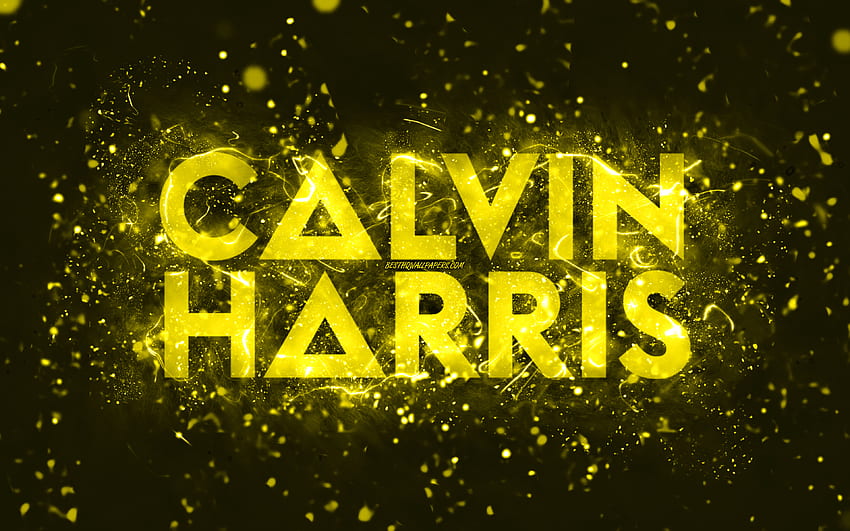 Calvin Harris yellow logo, , scottish DJs, yellow neon lights, creative, yellow abstract background, Adam Richard Wiles, Calvin Harris logo, music stars, Calvin Harris HD wallpaper