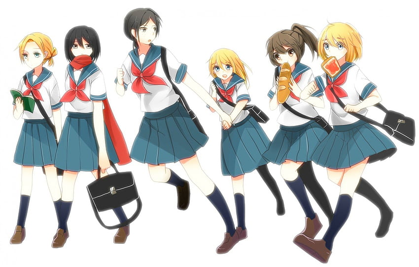 Can't Be Late For Class, running, anime, girls, students, food, uniforms HD wallpaper