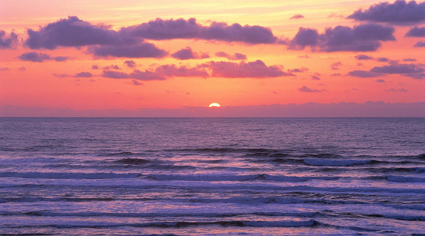 ทิวทัศน์ทะเลสีม่วงนอกชายฝั่งโอเรกอน ทะเล ขอบฟ้า คลื่น ไวโอเล็ต พระอาทิตย์ตก วอลล์เปเปอร์ HD