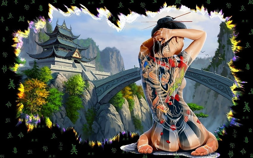 Японски замък гейша татуировка Якуза момиче гръб, гейша аниме момиче HD тапет