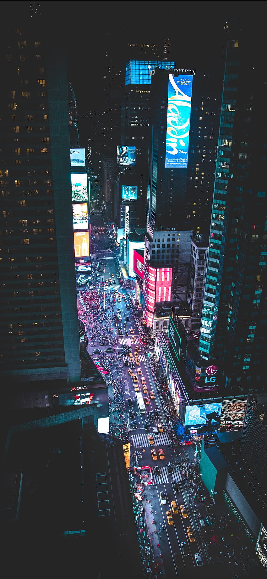 aerial of a busy city during night time iPhone 11, Broadway New York HD phone wallpaper