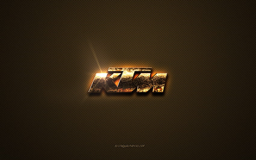 Złote logo KTM, grafika, brązowe metalowe tło, emblemat KTM, logo KTM, marki, KTM Tapeta HD