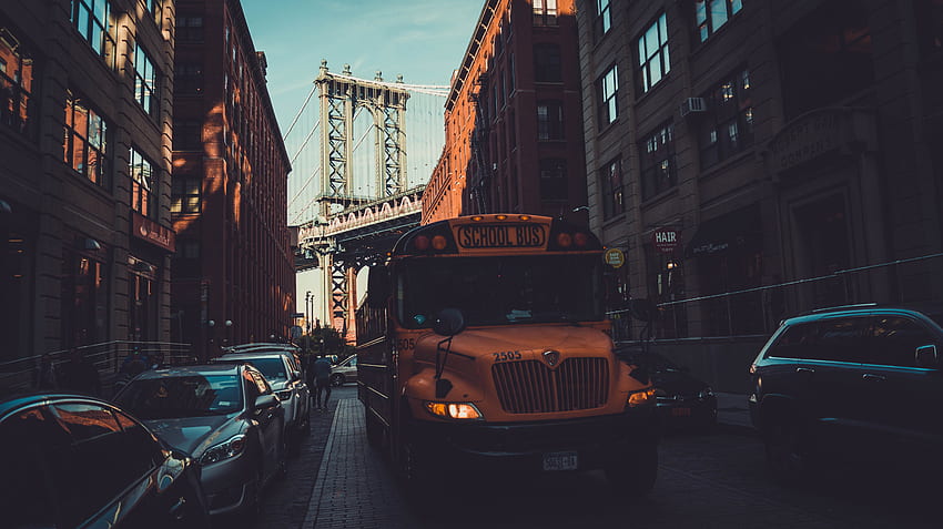 School bus, Manhattan bridge, city new york HD wallpaper