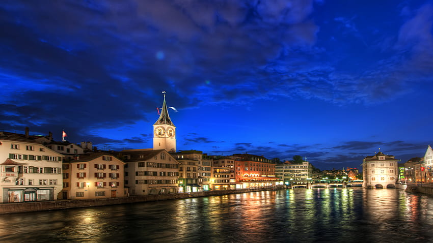 Beautiful Night In Zurich, noite, azul, rio, colorido, cores, pacífico, igreja, casas, beleza, céu azul, edifícios, reflexão, água, arquitetura, Zurique, cidade, casa, romance, lindo, luzes, construção, vista, ponte, nuvens, natureza, céu, romântico, adorável, esplendor papel de parede HD