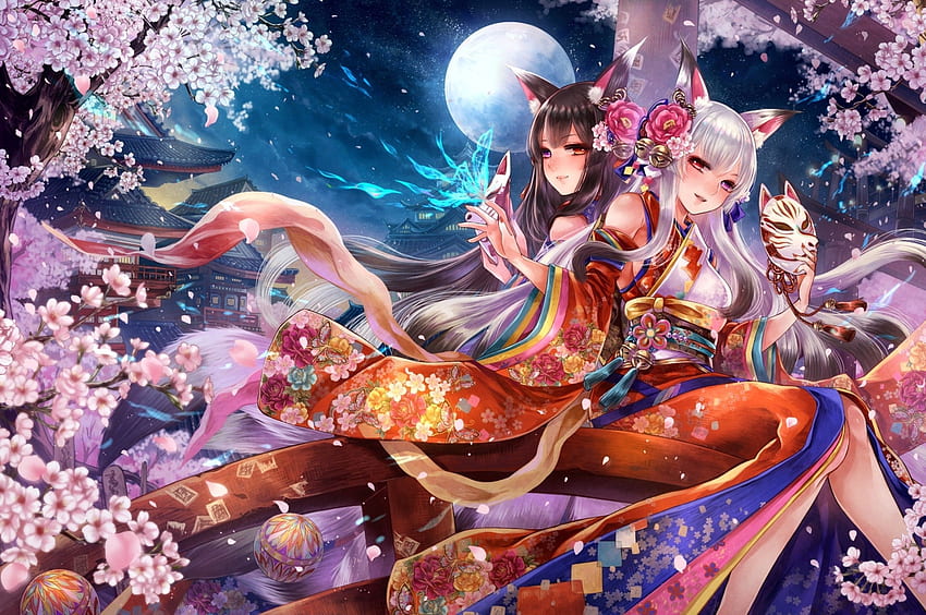 Kimono, Moon, Sakura, Fox Girl, Night, Sky, Butterfly for Chromebook Pixel HD wallpaper