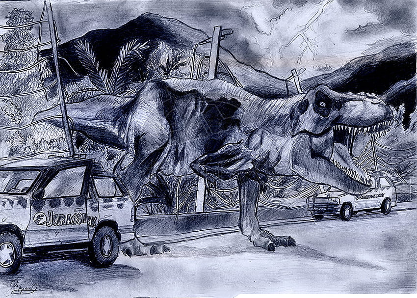 Oeuvre d'art de Jurrasic Park, parc jurrasique, tyran-lézard-roi, voiture, tyranosaurus rex Fond d'écran HD