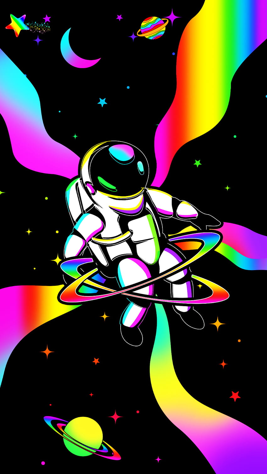 นักบินอวกาศหลากสี จักรวาล สายรุ้ง นีออน จักรวาล สดใส กาแลคซี วอลล์เปเปอร์โทรศัพท์ HD
