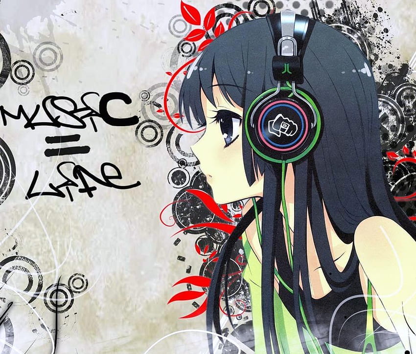 Auriculares, música, ojos azules, anime, verde. fondo de pantalla