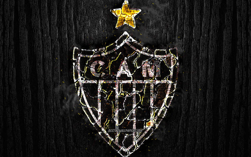 Atletico Mineiro FC, spalone logo, brazylijska Seria A, czarne drewniane tło, brazylijski klub piłkarski, Atletico MG, grunge, piłka nożna, piłka nożna, logo Atletico Mineiro, tekstura ognia, Brazylia z rozdzielczością, Atlético Mineiro Tapeta HD