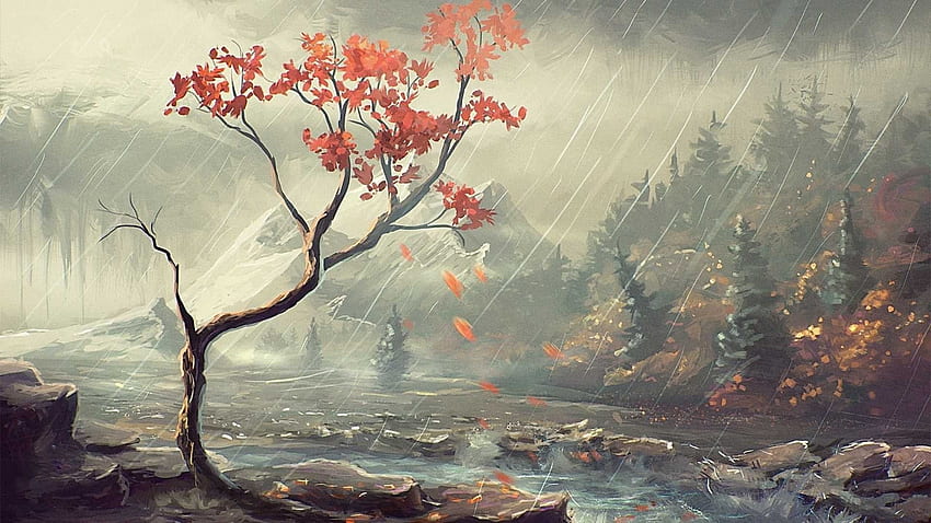 Pintura hermosa del arte japonés - Pintura de la lluvia en el bosque, Arte de la naturaleza japonesa fondo de pantalla