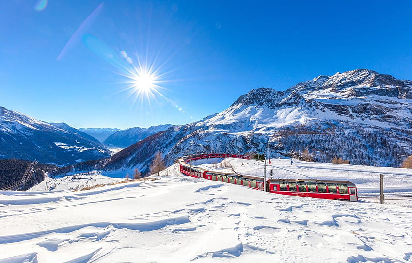 冬、空、太陽、光線、雪、木々、山、電車、スイス、渓谷、アルプス、鉄道、グラウビュンデン州、セクションの詳細 高画質の壁紙