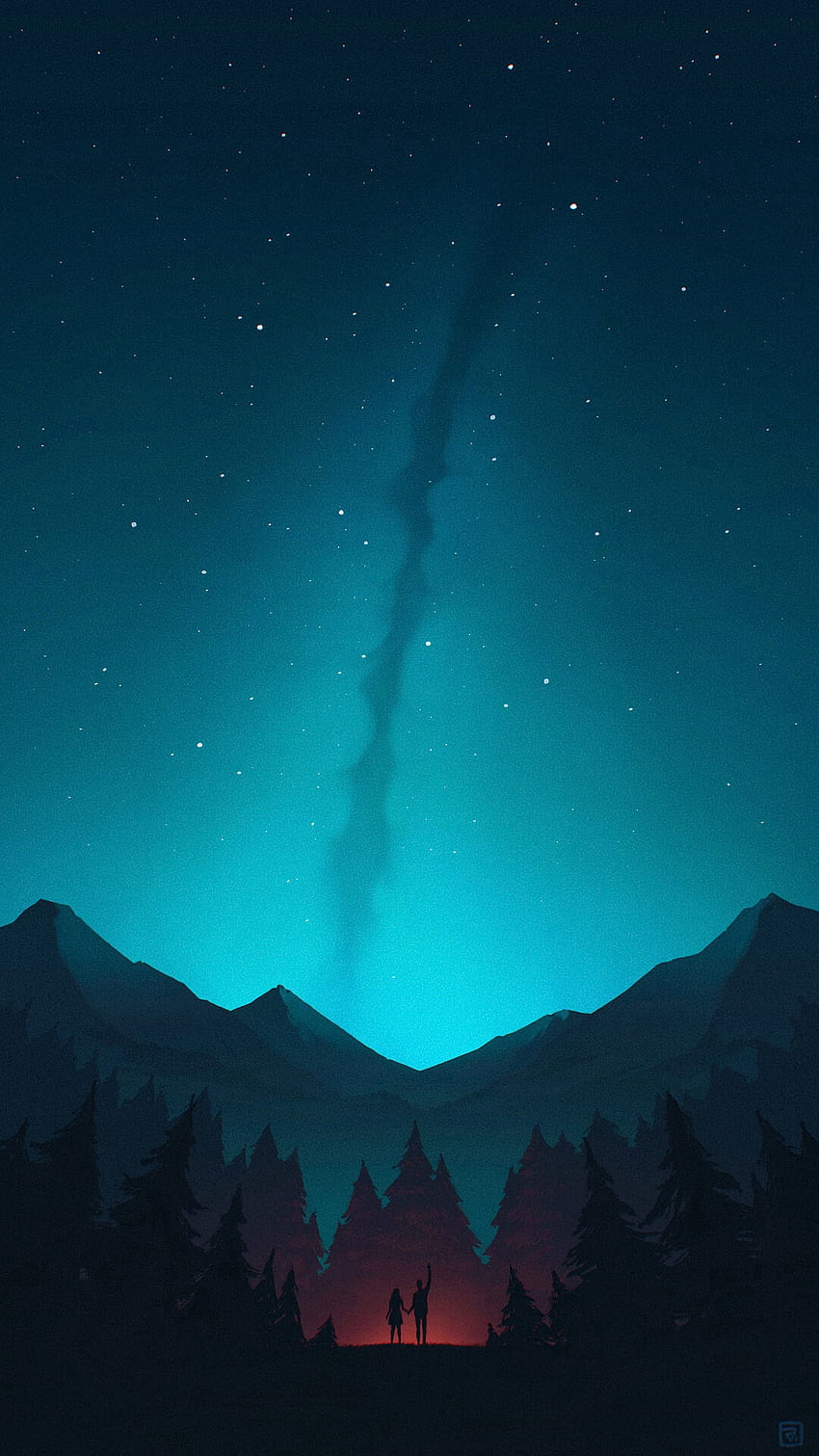 Art, Montagnes, Nuit, Forêt, Silhouettes, Starry Sky Fond d'écran de téléphone HD