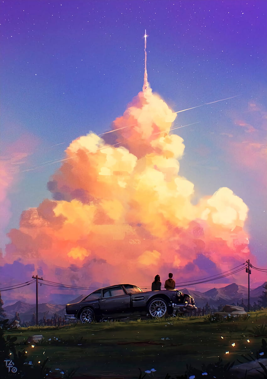 Sunset, Art, Love, Car, Machine, Romance HD phone wallpaper