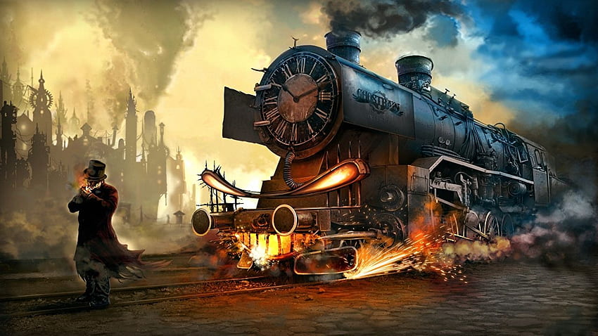 Steampunk Men Fantasy Trains HD wallpaper