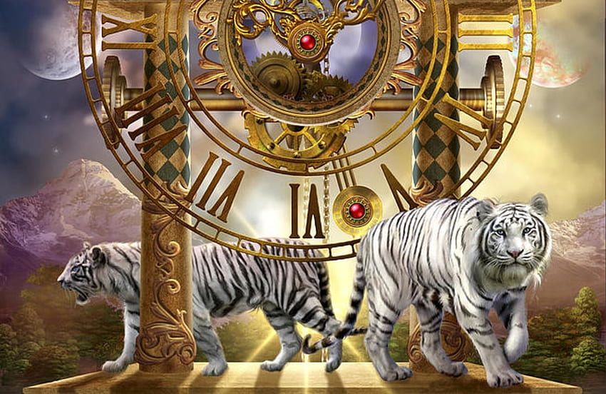 Magical moment in time, white, tiger, art, fantasy, tigru, girl, ciro marchetti, ciro narchetti HD wallpaper