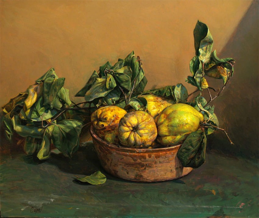 Quince, art, basket, still life, painting, green, yellow, fruit, autumn, leaf, antonio guzman capel HD wallpaper