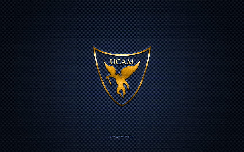 UCAM Murcia CB, hiszpański klub koszykówki, żółte logo, niebieskie tło z włókna węglowego, Liga ACB, koszykówka, Murcia, Hiszpania, logo UCAM Murcia CB Tapeta HD