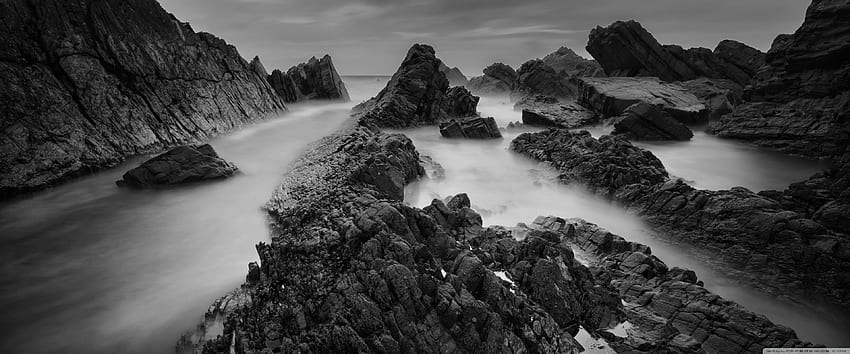 Atlantic Rocky Coastline Black and White Ultra Background for U TV : & UltraWide & Laptop : Multi Display, Dual & Triple Monitor : Tablet : Smartphone, Black and White 3840X1600 HD wallpaper
