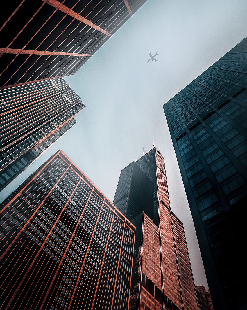 Städte, Gebäude, Wolkenkratzer, Flugzeug, Flugzeug, Ansicht von unten, Fassaden HD-Handy-Hintergrundbild