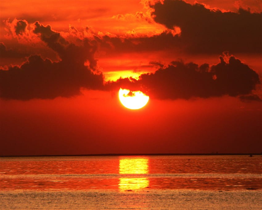 Burning sun, sea, susnet, red, sky, nature, sun HD wallpaper