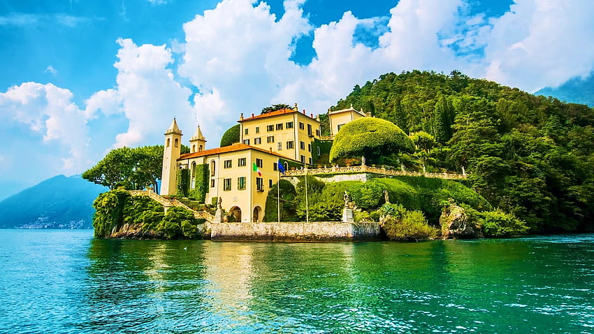 Lake Como, Italy, trees, clouds, landscape, sky, villa, water, hill HD wallpaper