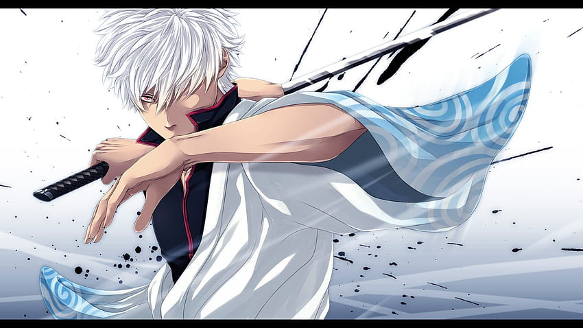 Katana, Waffen, Gintama, rote Augen, kurze Haare, Sakata Gintoki, Anime Boy White HD-Hintergrundbild
