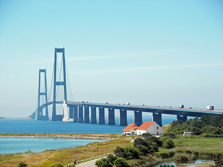 Pont au Danemark, maisons, Danemark, Pont, voitures Fond d'écran HD