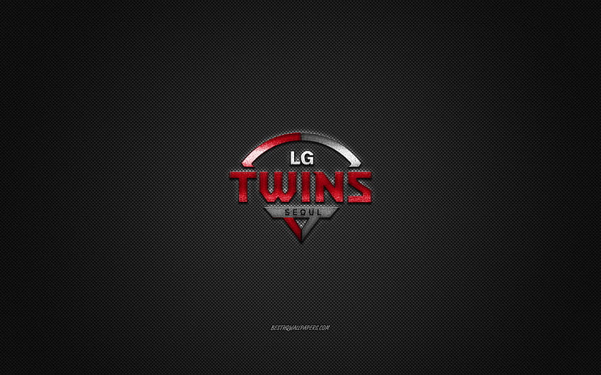LG Twins, południowokoreański klub baseballowy, KBO League, czerwone logo, szare tło z włókna węglowego, baseball, Seul, Korea Południowa, logo LG Twins Tapeta HD