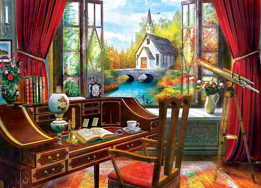 The Study View, lamp, view, flowers, water, church, desk, river, window, telescope, bridge HD wallpaper