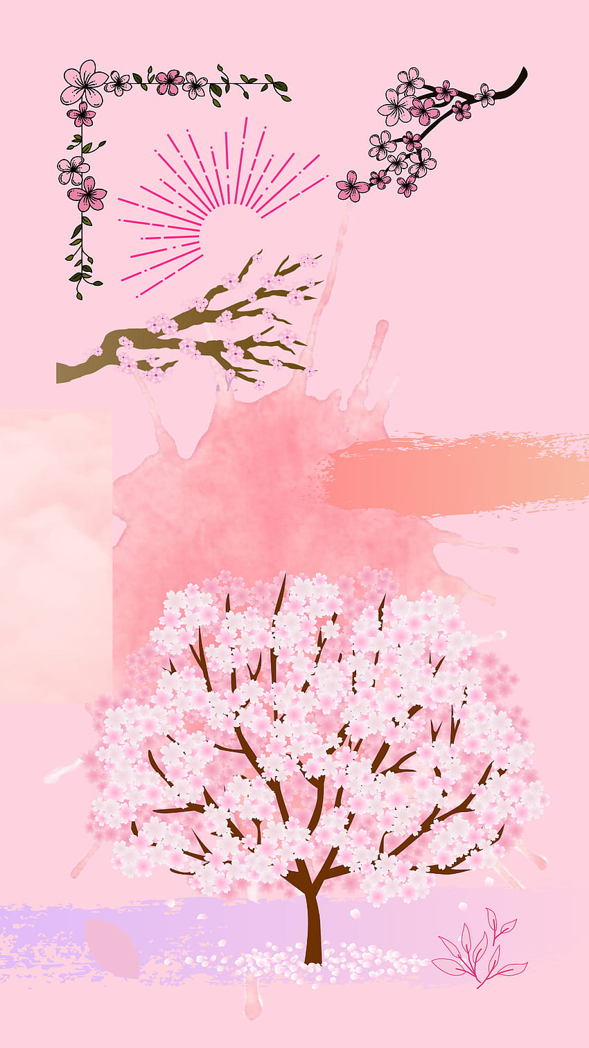Różowy, Spokojny, Sztuka, Kwietnik, Japonia, Kwiaty, Sakura, Japoński, Malarstwo, Anime, Drzewo, Kwiat wiśni Tapeta na telefon HD